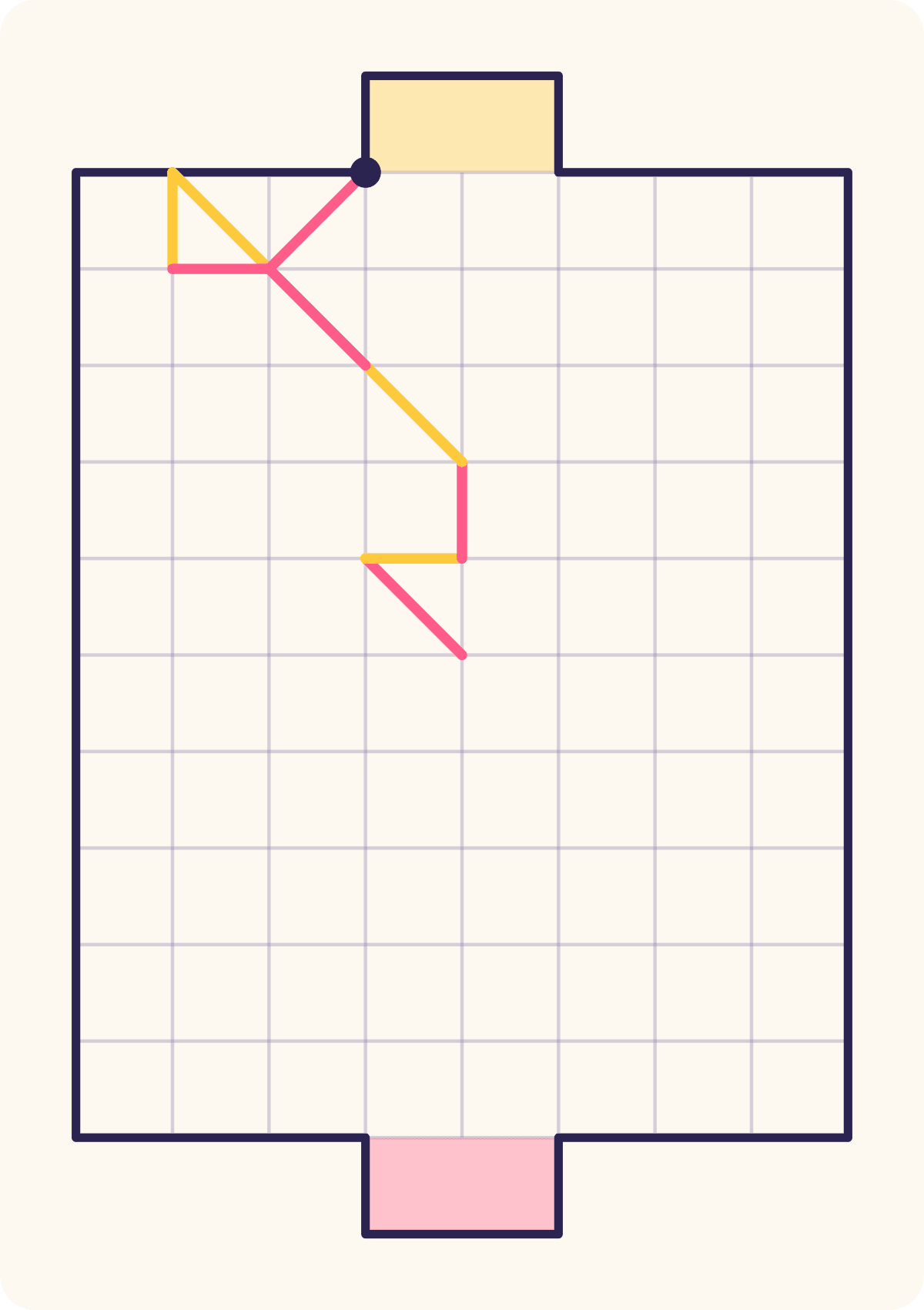 Every line is drawn in the colour of the player who drew it. Pink kicked three times in a row here: the first two landed on points that already had lines, so the turn never passed back, and the third puts the ball in the yellow goal and ends the match.