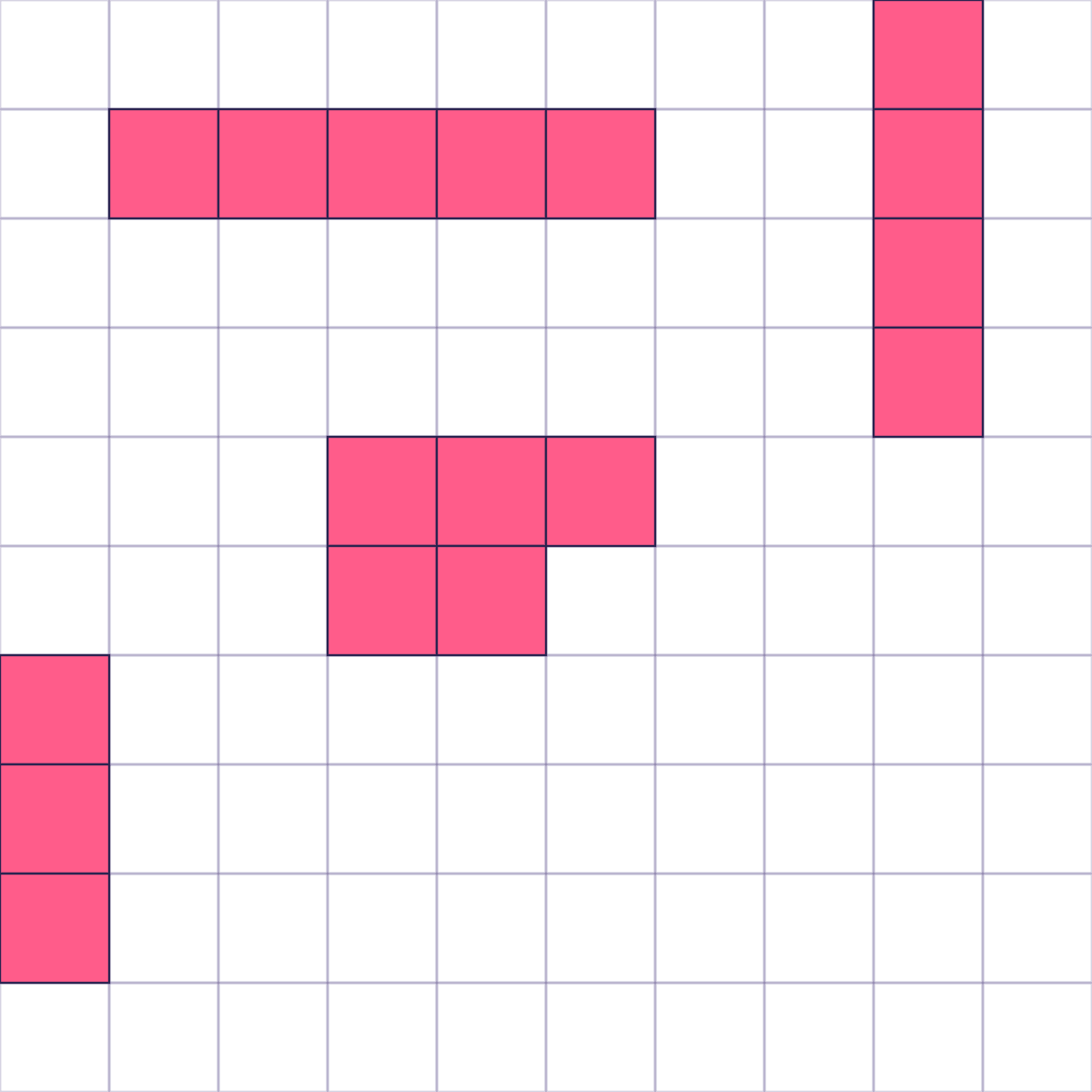 The whole fleet: 5, 4, 3, 3 and 2 squares — seventeen squares of ship in a hundred squares of sea. The two-square ship is lying directly under the three-square one, touching it along its side, which is allowed here. From this moment the fleet is fixed and the opponent's sea is the only board you will see.