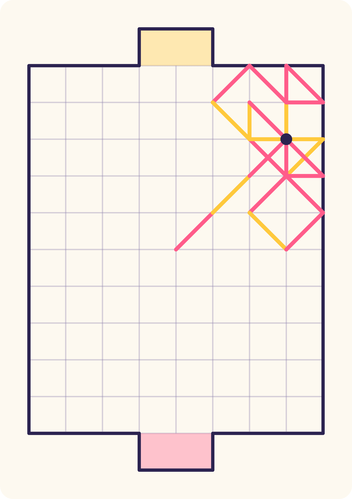 Pink, to move beside the right wall, has exactly one direction left. It leads to a wall point where every other line is already drawn, so pink's kick ends there with nowhere to go — and the player who kicked the ball into a dead end has lost. Yellow wins without touching the ball.